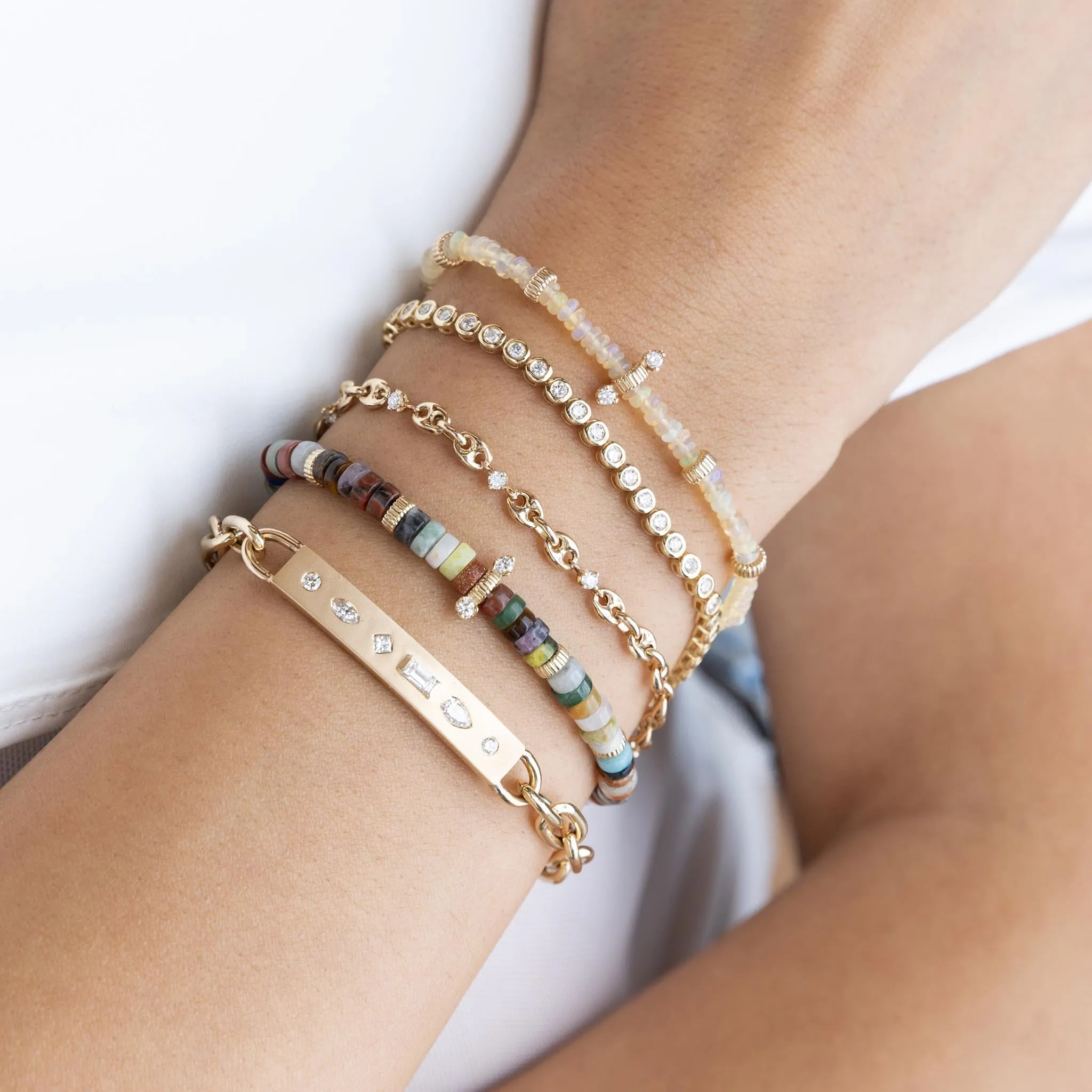14k Gold & Fire Opal Rondelle Bead Bracelet with 2 Prong Diamonds