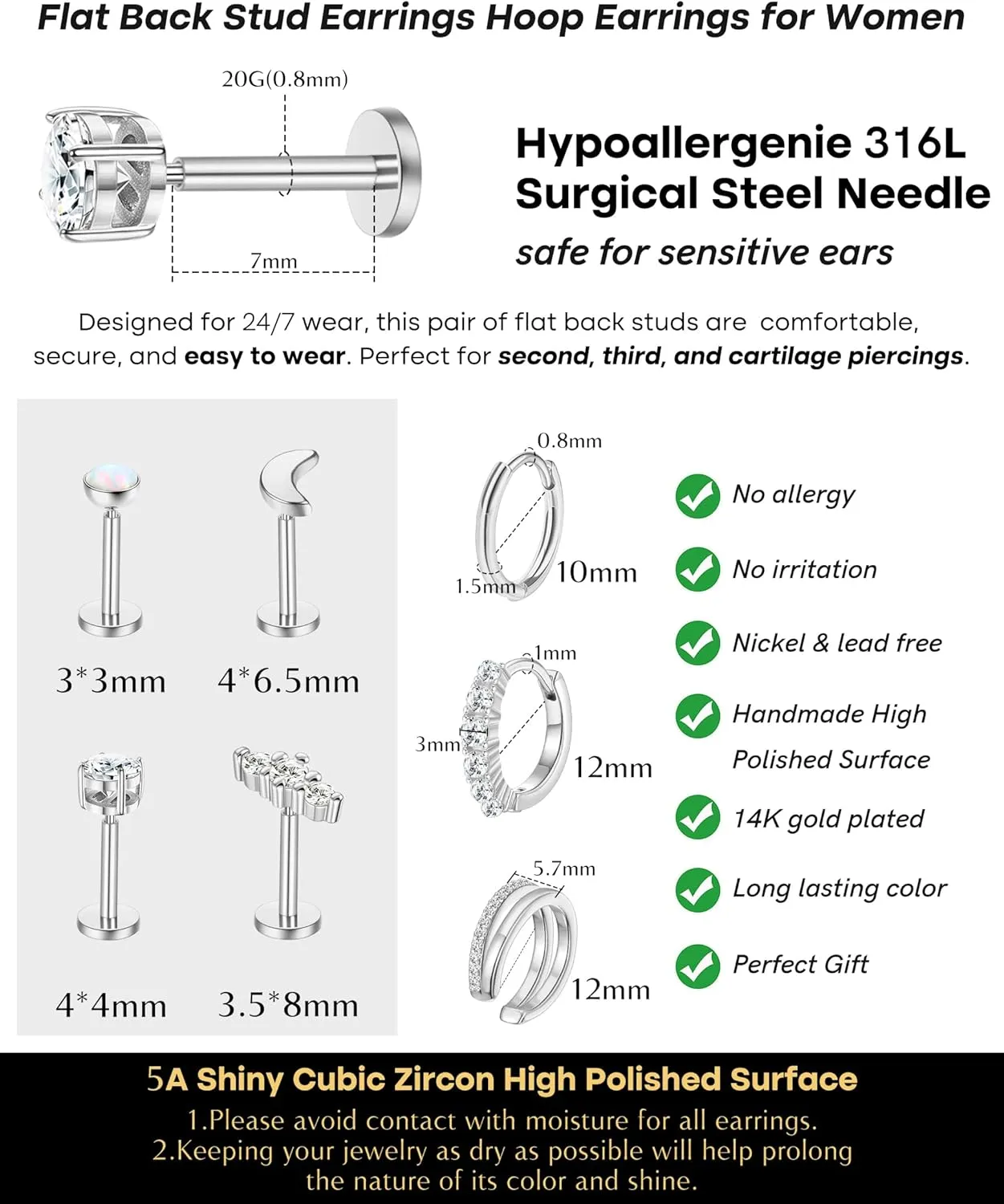 7 Pairs Gold Earrings Set for Women Trendy,Hypoallergenic Surgical Steel Flat Back Cartilage Earring Sets for Multiple Piercing,Lightweight Small Silver Gold Ear Cuff Huggie Hoop Stud Earrings Stacks