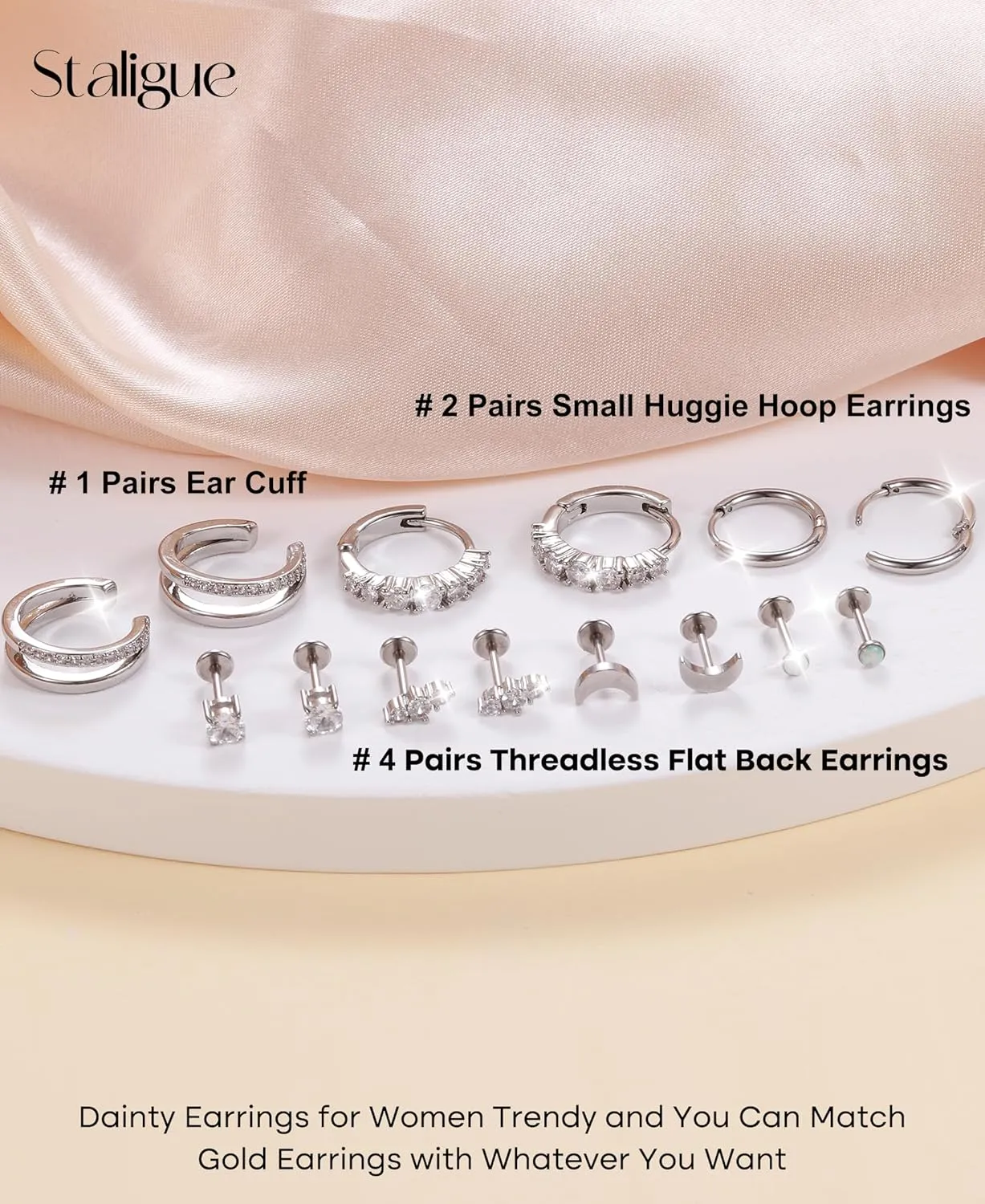 7 Pairs Gold Earrings Set for Women Trendy,Hypoallergenic Surgical Steel Flat Back Cartilage Earring Sets for Multiple Piercing,Lightweight Small Silver Gold Ear Cuff Huggie Hoop Stud Earrings Stacks