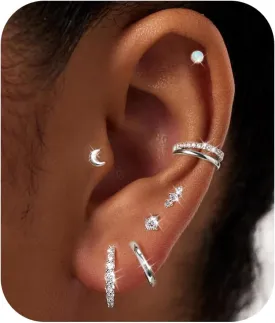 7 Pairs Gold Earrings Set for Women Trendy,Hypoallergenic Surgical Steel Flat Back Cartilage Earring Sets for Multiple Piercing,Lightweight Small Silver Gold Ear Cuff Huggie Hoop Stud Earrings Stacks