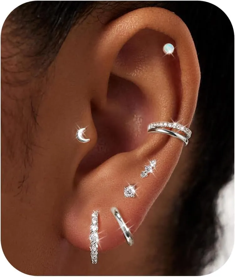 7 Pairs Gold Earrings Set for Women Trendy,Hypoallergenic Surgical Steel Flat Back Cartilage Earring Sets for Multiple Piercing,Lightweight Small Silver Gold Ear Cuff Huggie Hoop Stud Earrings Stacks