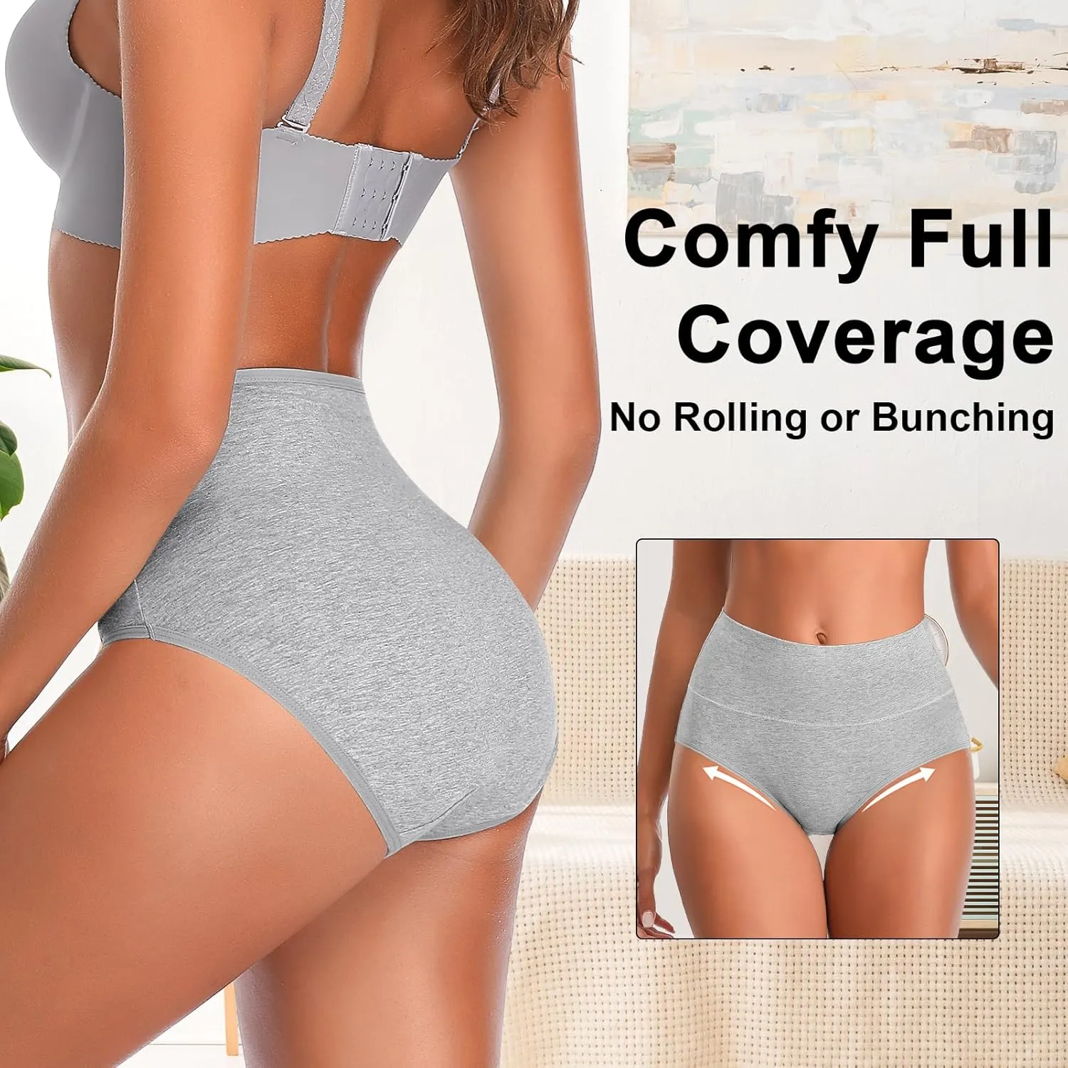 Annenmy High Waisted Womens Underwear Cotton Underwear Full Coverage Briefs Stretch Breathable Ladies Panties 5 Pack