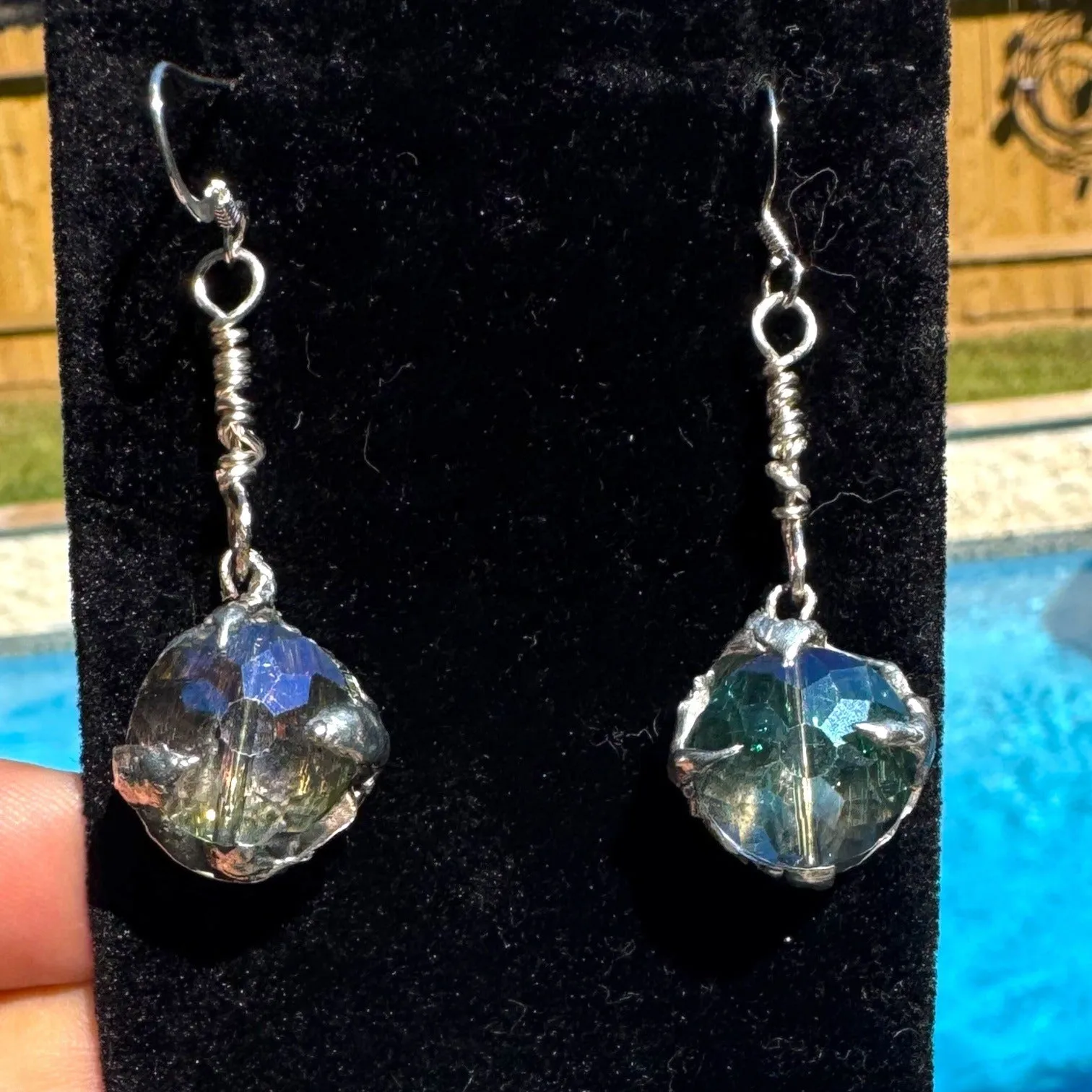 Artisan Crafted Aurora Borealis Crystal Dangle Earrings W Silver Blend Metalwork