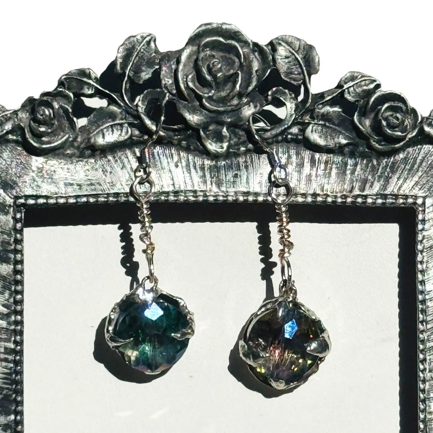 Artisan Crafted Aurora Borealis Crystal Dangle Earrings W Silver Blend Metalwork