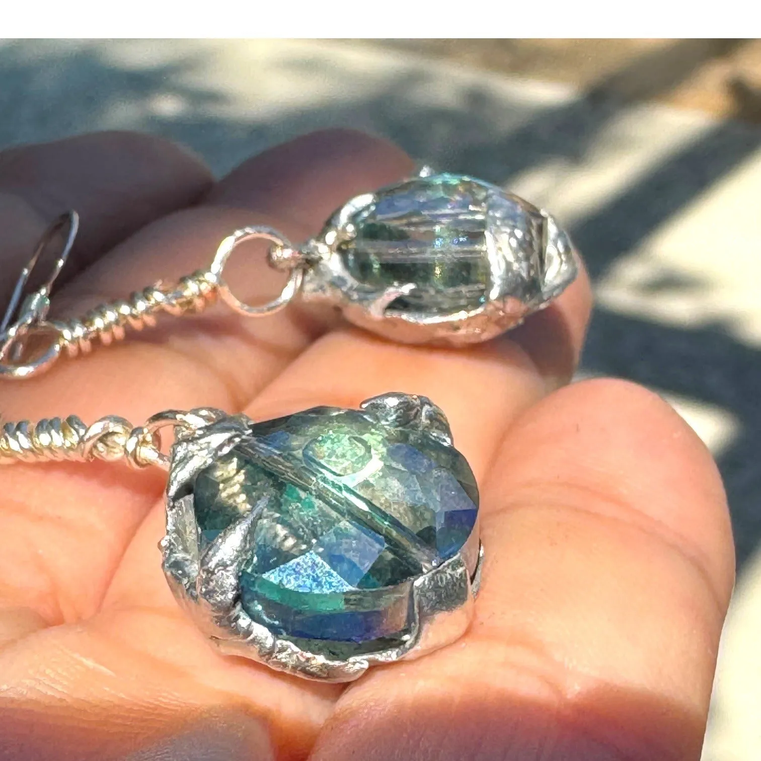 Artisan Crafted Aurora Borealis Crystal Dangle Earrings W Silver Blend Metalwork