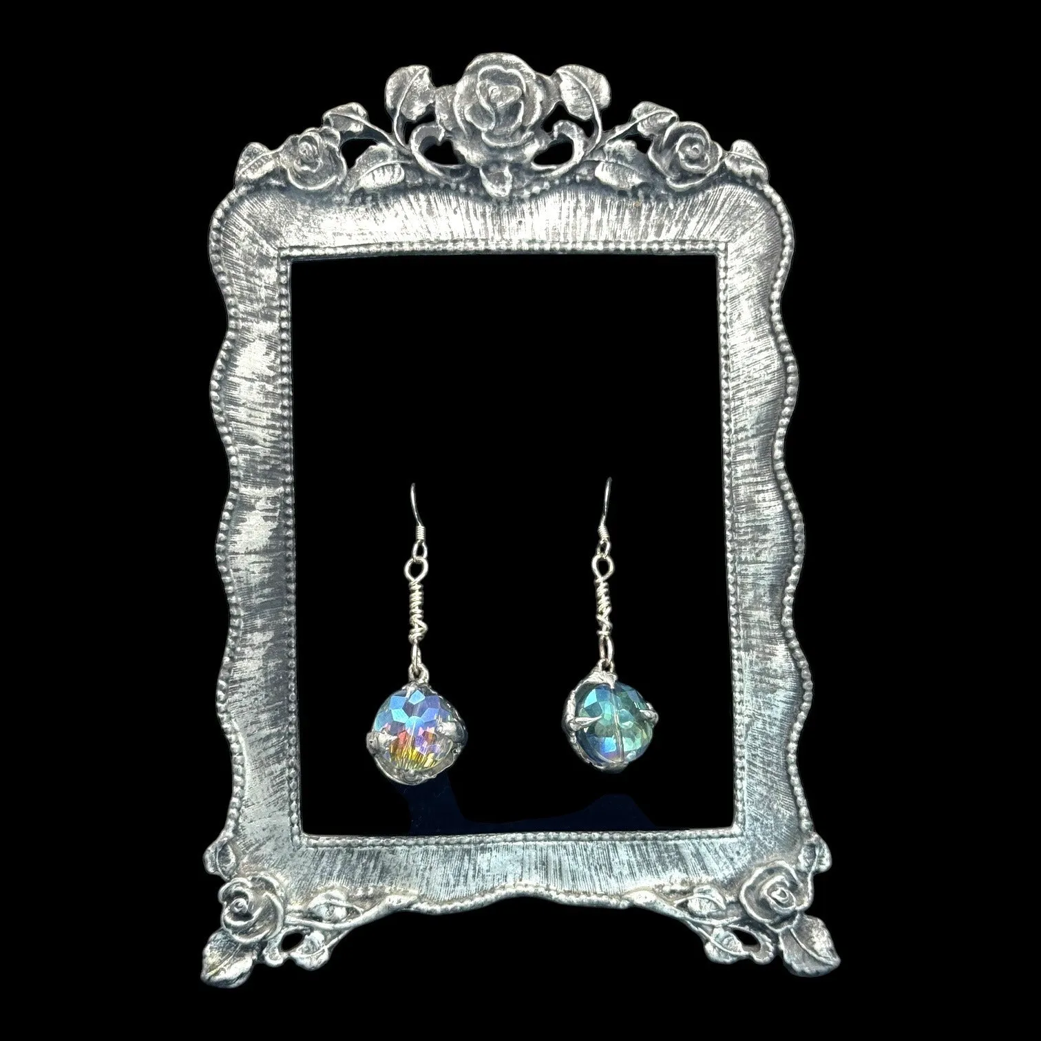 Artisan Crafted Aurora Borealis Crystal Dangle Earrings W Silver Blend Metalwork