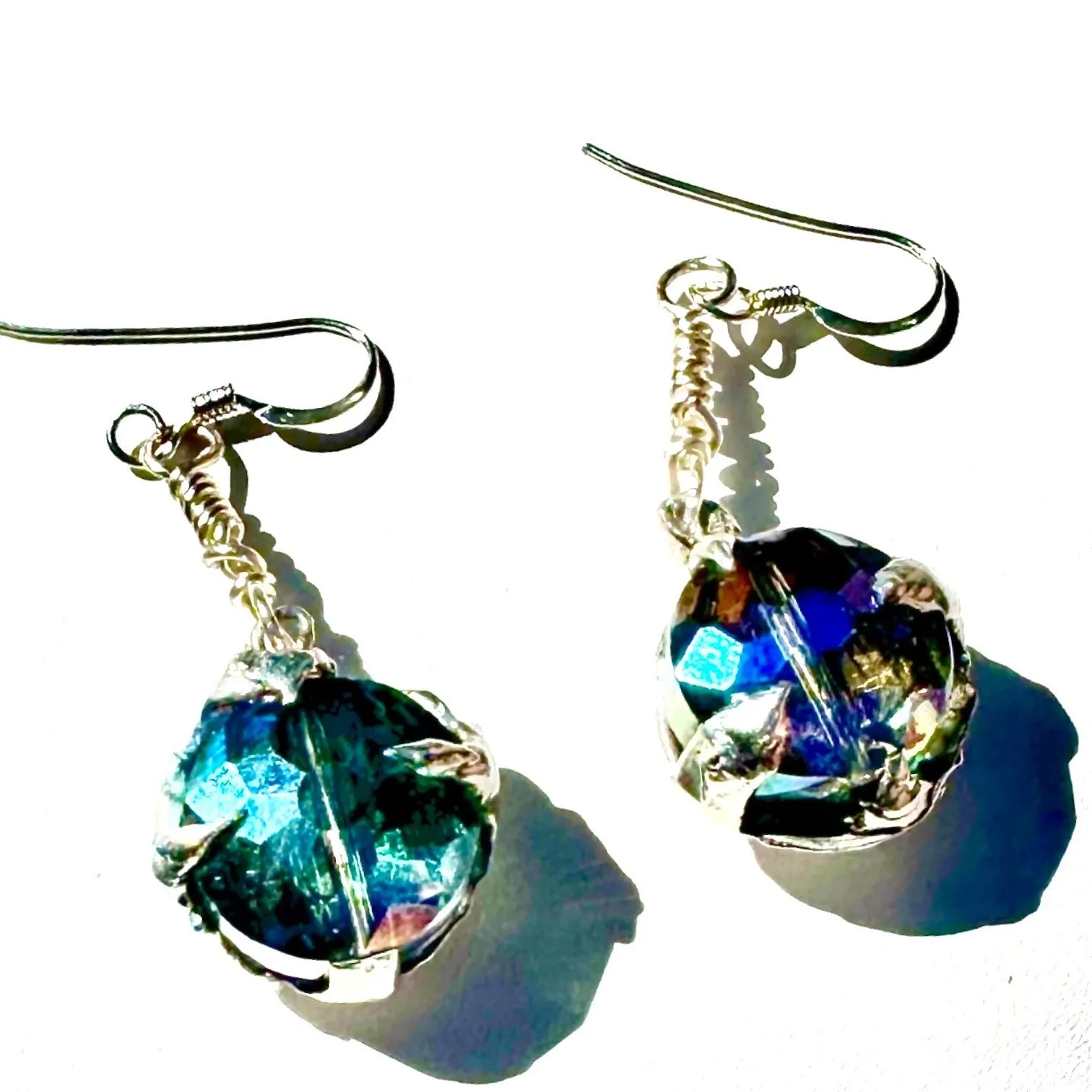 Artisan Crafted Aurora Borealis Crystal Dangle Earrings W Silver Blend Metalwork