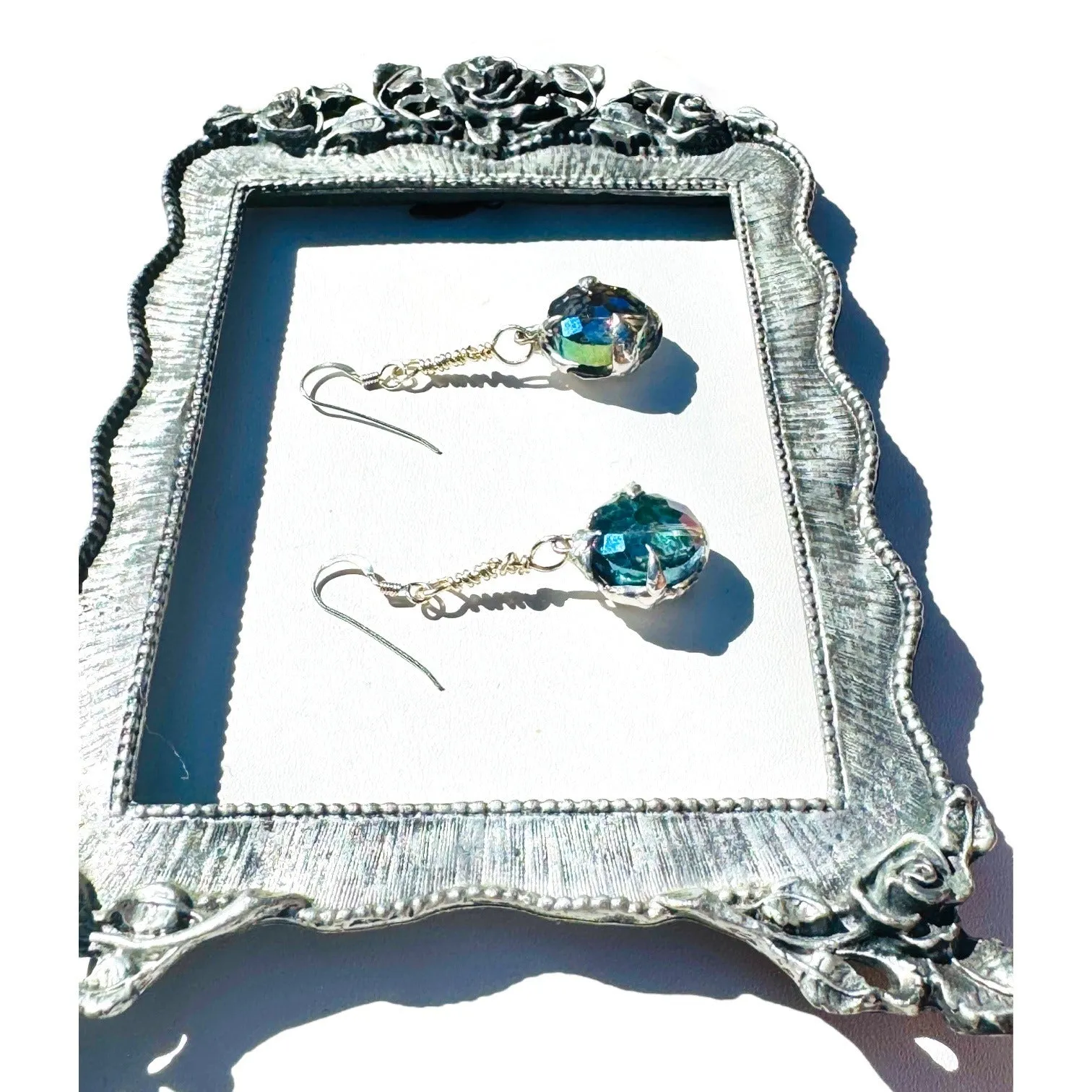 Artisan Crafted Aurora Borealis Crystal Dangle Earrings W Silver Blend Metalwork