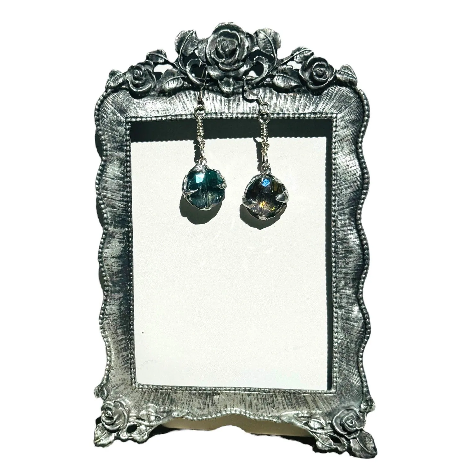 Artisan Crafted Aurora Borealis Crystal Dangle Earrings W Silver Blend Metalwork