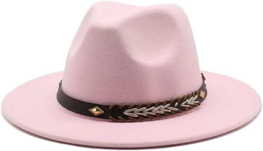Autumn and Winter Woolen Hat, 7cm Big Brim Flat Brim Jazz Hat, British Gentleman Felt Hat Fengyan Cowboy Hats (Color : Rose Red, Size : Large(58-60cm))