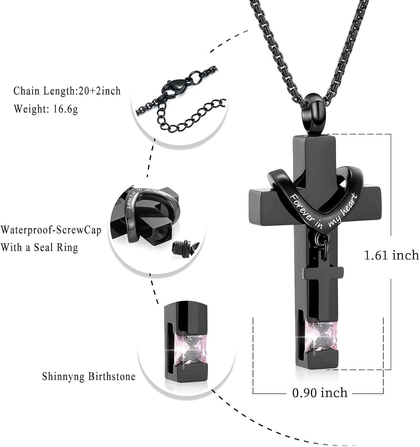 Black Cross Urn Necklace For Ashes Of Loved Ones With Birthstone Always In My Heart Cremation Jewelry Keepsake Pendant Women Men