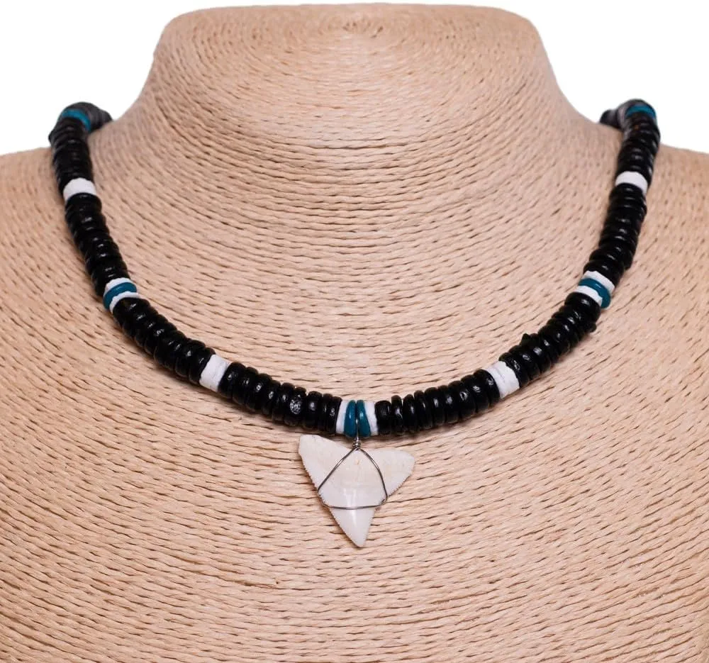 BlueRica Shark Tooth on Coconut and Shell Beads Necklace (20" 4U)