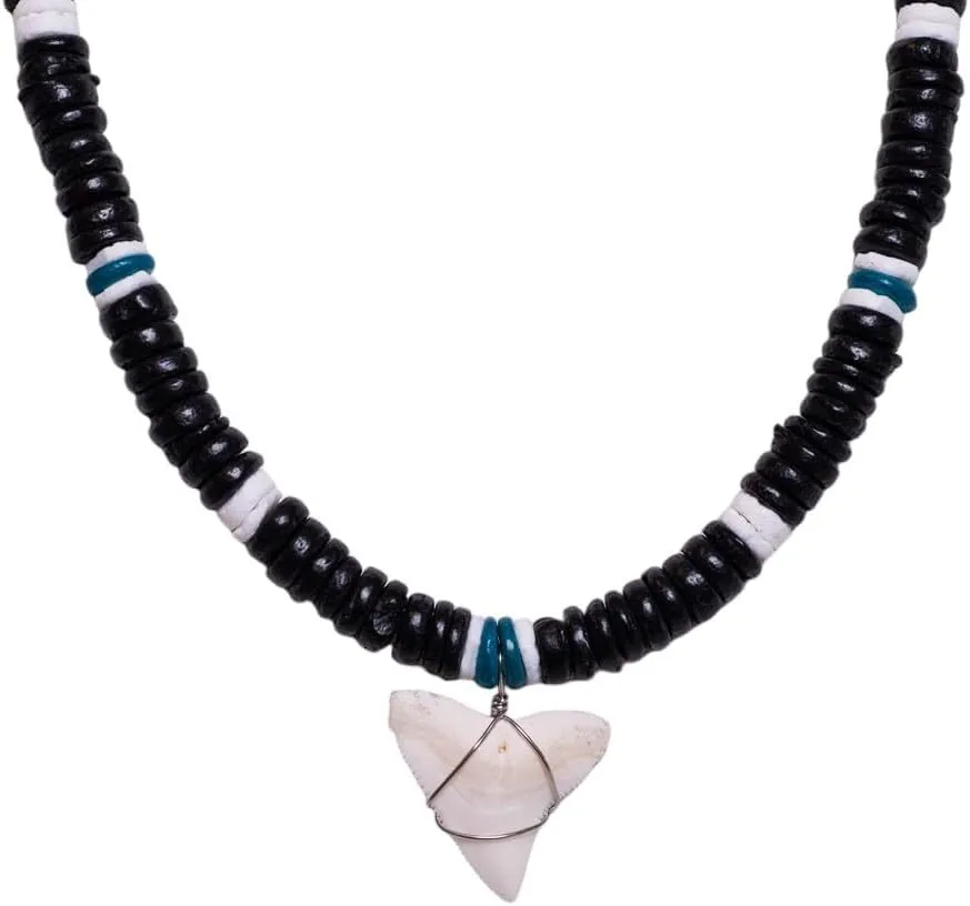 BlueRica Shark Tooth on Coconut and Shell Beads Necklace (20" 4U)