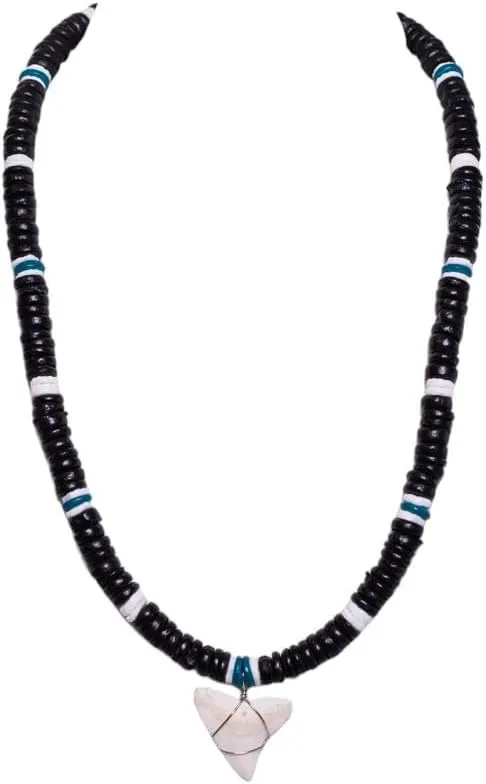 BlueRica Shark Tooth on Coconut and Shell Beads Necklace (20" 4U)