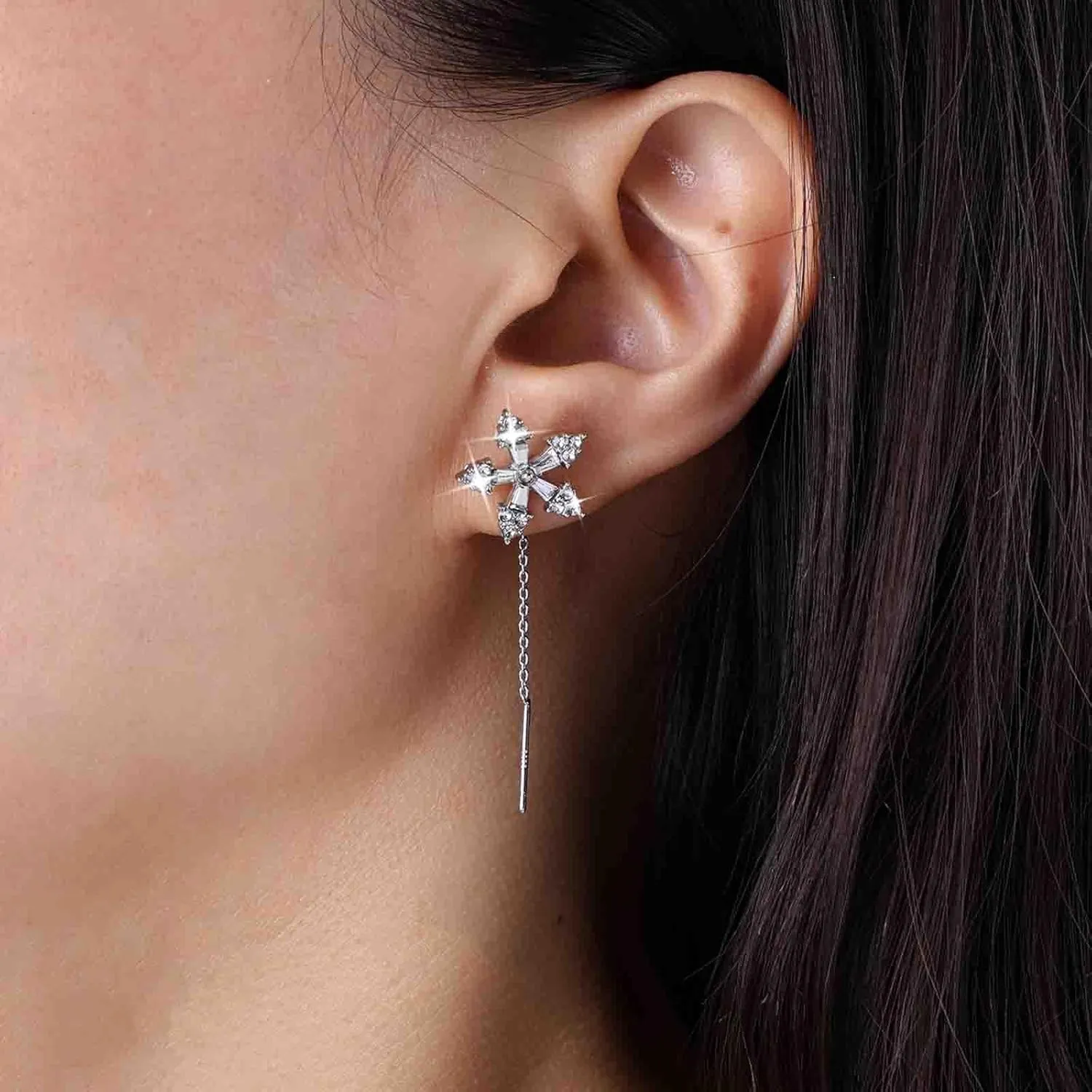Boho Crystal Flower Threader Earrings Long Tassel Threader Dangle Earrings Gold CZ Flower Earrings Long Chain Pull Through Earrings Jewelry for Women