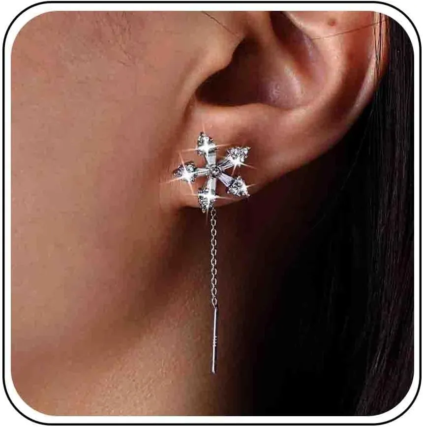 Boho Crystal Flower Threader Earrings Long Tassel Threader Dangle Earrings Gold CZ Flower Earrings Long Chain Pull Through Earrings Jewelry for Women