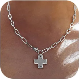 Chunky Cross Necklace for Women Trendy 14K Gold Silver Layered Statement Cross Pendant Charm Necklace Vintage Paperclip Herringbone Snake Choker Chain Costume Jewelry Set Gift Non Tarnish