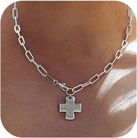 Chunky Cross Necklace for Women Trendy 14K Gold Silver Layered Statement Cross Pendant Charm Necklace Vintage Paperclip Herringbone Snake Choker Chain Costume Jewelry Set Gift Non Tarnish