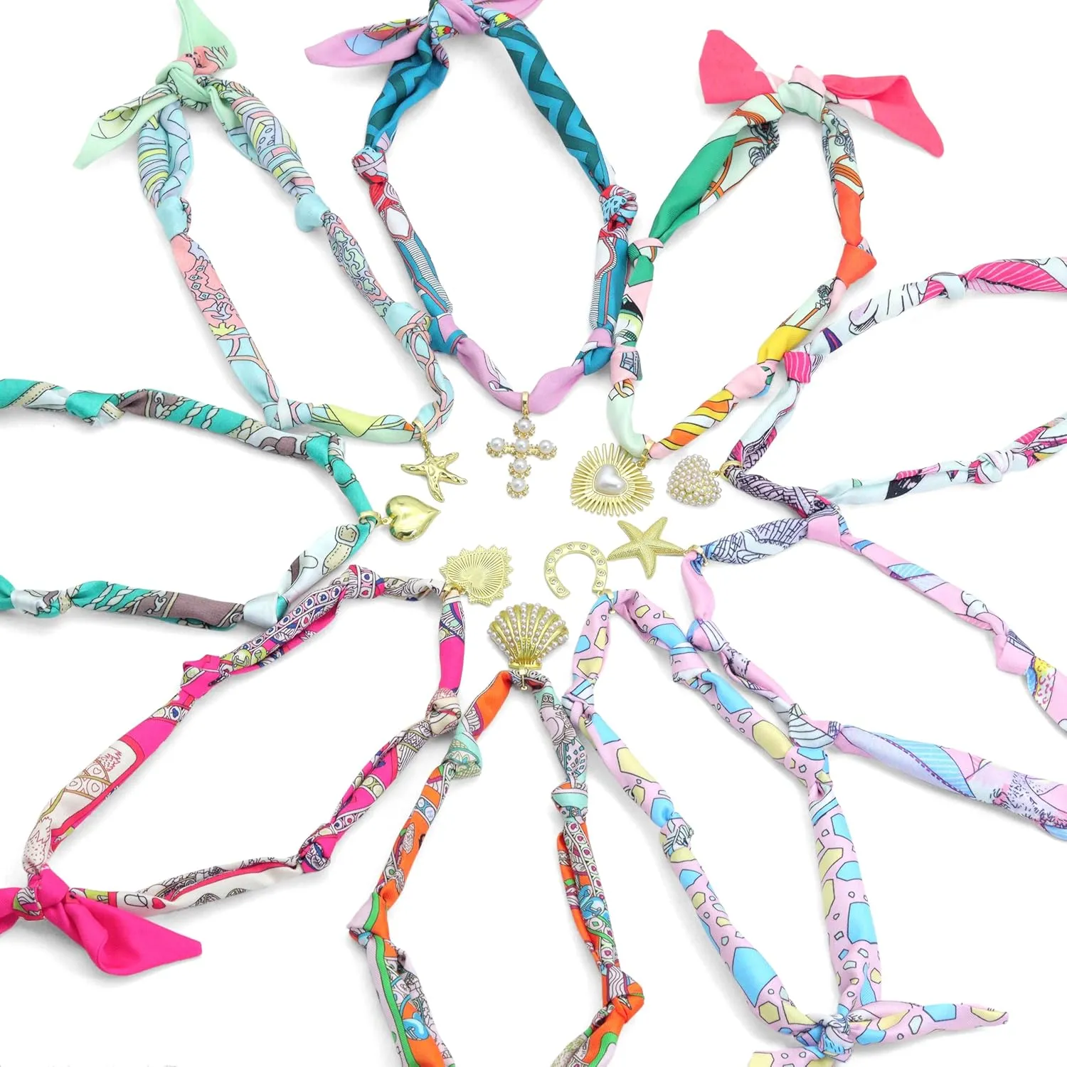 Convertible Silk Scarf Necklace, Adjustable Statement Jewelry with Gold-Plated Charms, 88cm Length