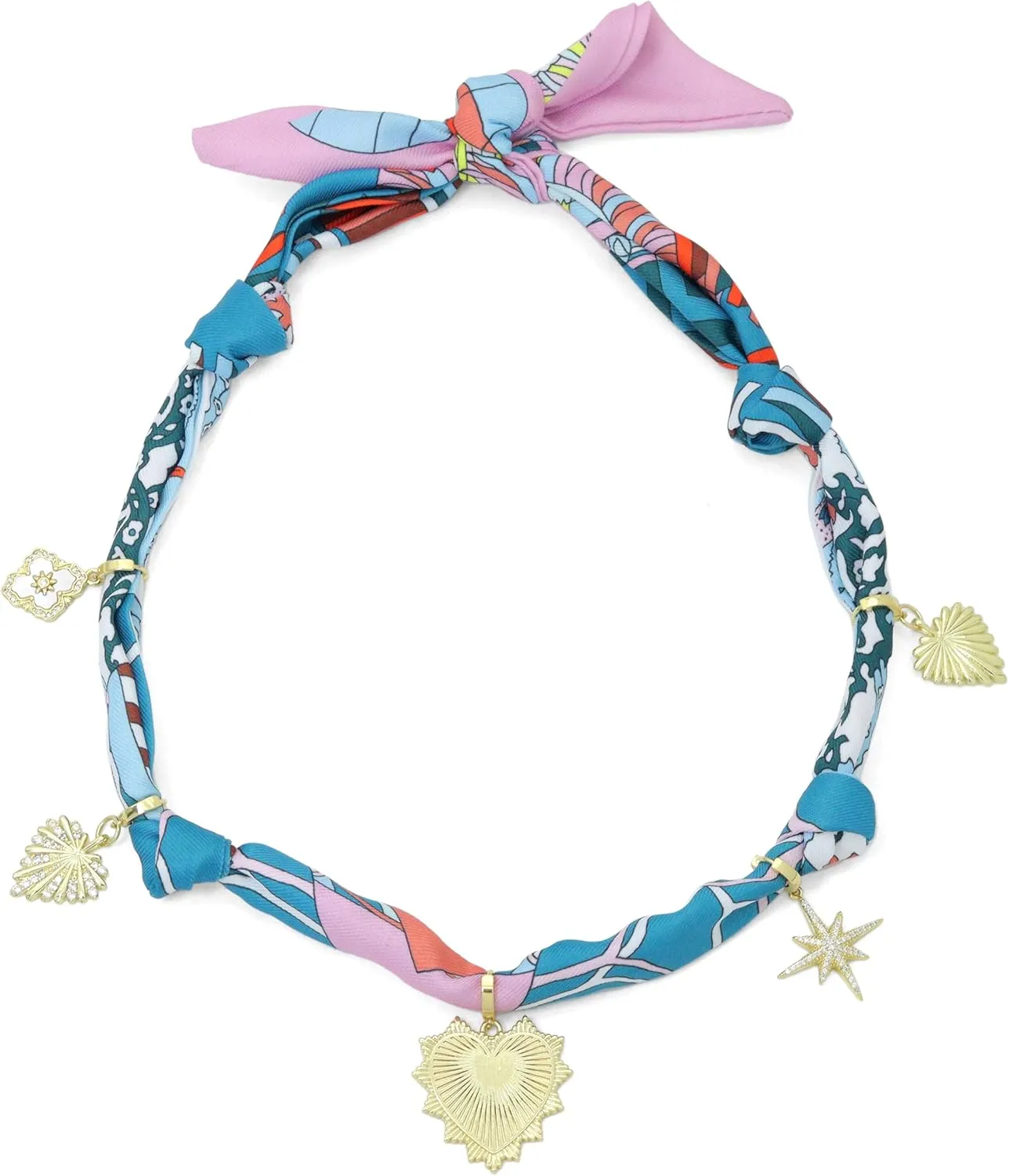 Convertible Silk Scarf Necklace, Adjustable Statement Jewelry with Gold-Plated Charms, 88cm Length