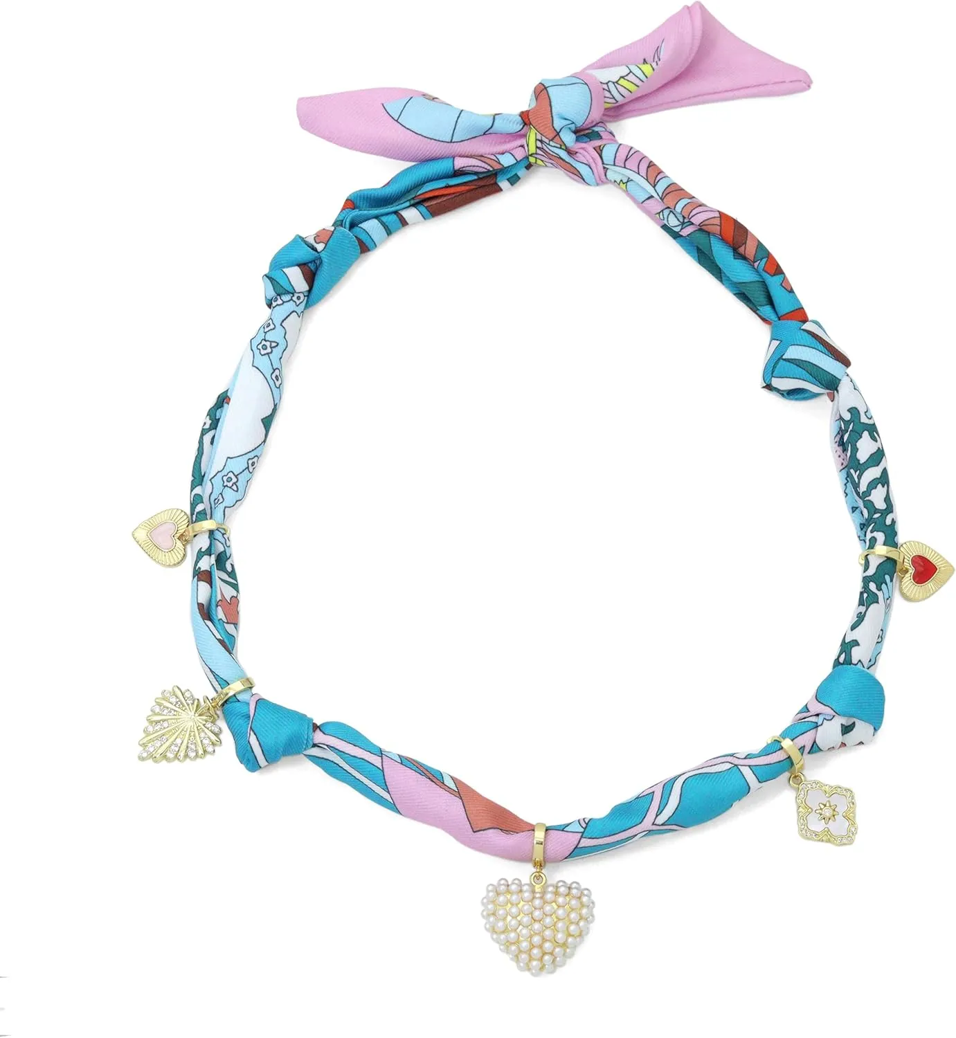 Convertible Silk Scarf Necklace, Adjustable Statement Jewelry with Gold-Plated Charms, 88cm Length