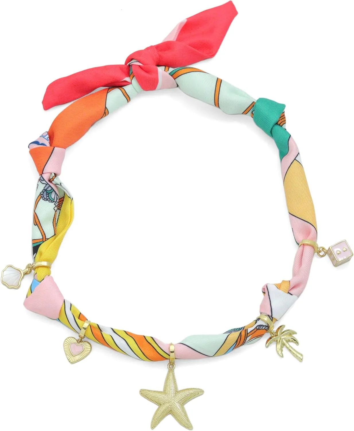 Convertible Silk Scarf Necklace, Adjustable Statement Jewelry with Gold-Plated Charms, 88cm Length