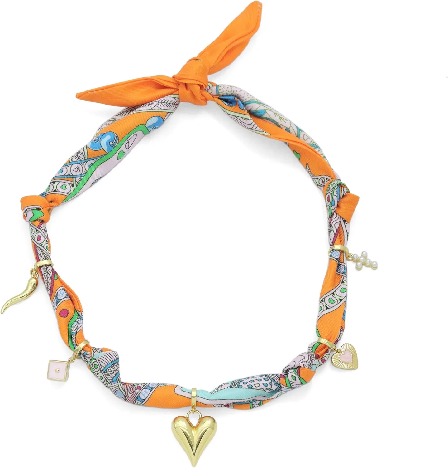 Convertible Silk Scarf Necklace, Adjustable Statement Jewelry with Gold-Plated Charms, 88cm Length