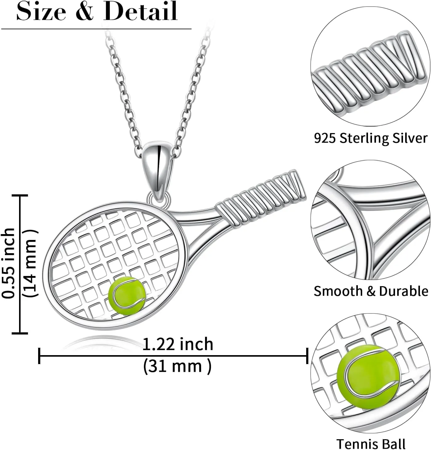 DAOCHONG S925 Sterling Silver Jewelry Tennis Racket Pendant Necklace Gift for Tennis Sports lover 18 inches to 20 inches