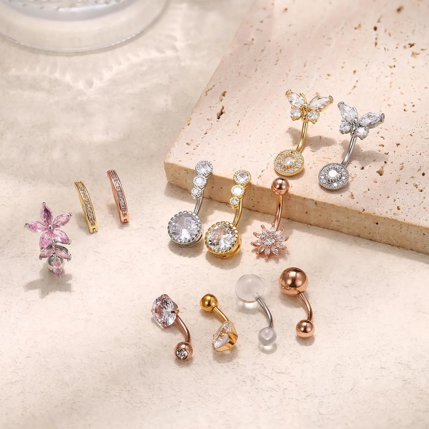 Dochais Pink Heart Belly Button Ring Piercing 8Pcs 14G Surgical Stainless Steel Navel Piercing Jewelry Hypoallergenic Cute Opal Butterfly Belly Button Rings for Women
