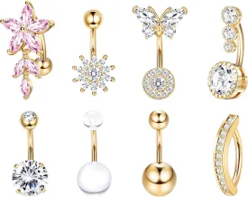 Dochais Pink Heart Belly Button Ring Piercing 8Pcs 14G Surgical Stainless Steel Navel Piercing Jewelry Hypoallergenic Cute Opal Butterfly Belly Button Rings for Women