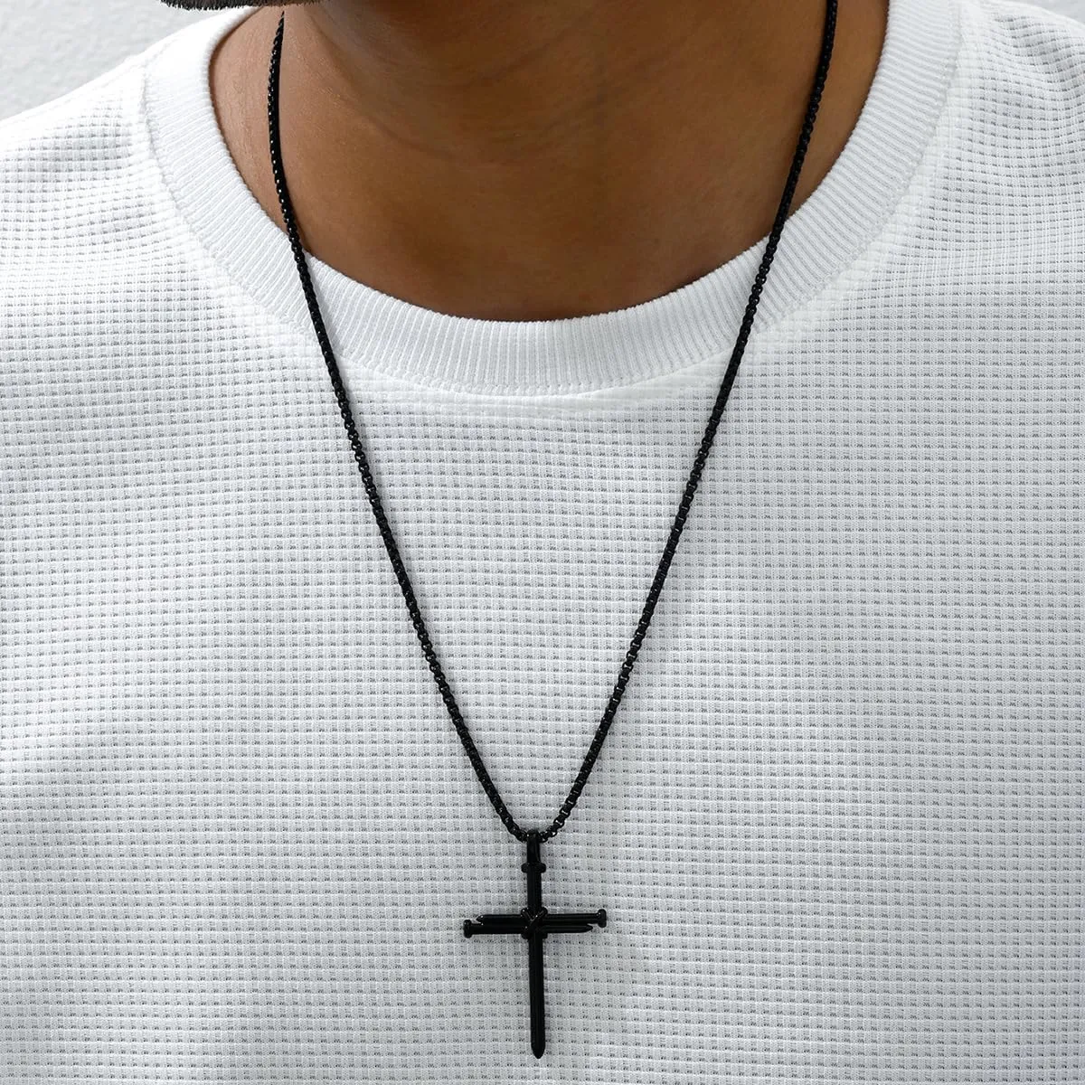 Dreuyet Nail Cross Necklace for Men Stainless Steel Vintage Polished Black Gold Silver Nail Cross Pendant Chain 24 inch Strength Bible Verse Cross Necklace Christian Jesus Jewelry Gifts
