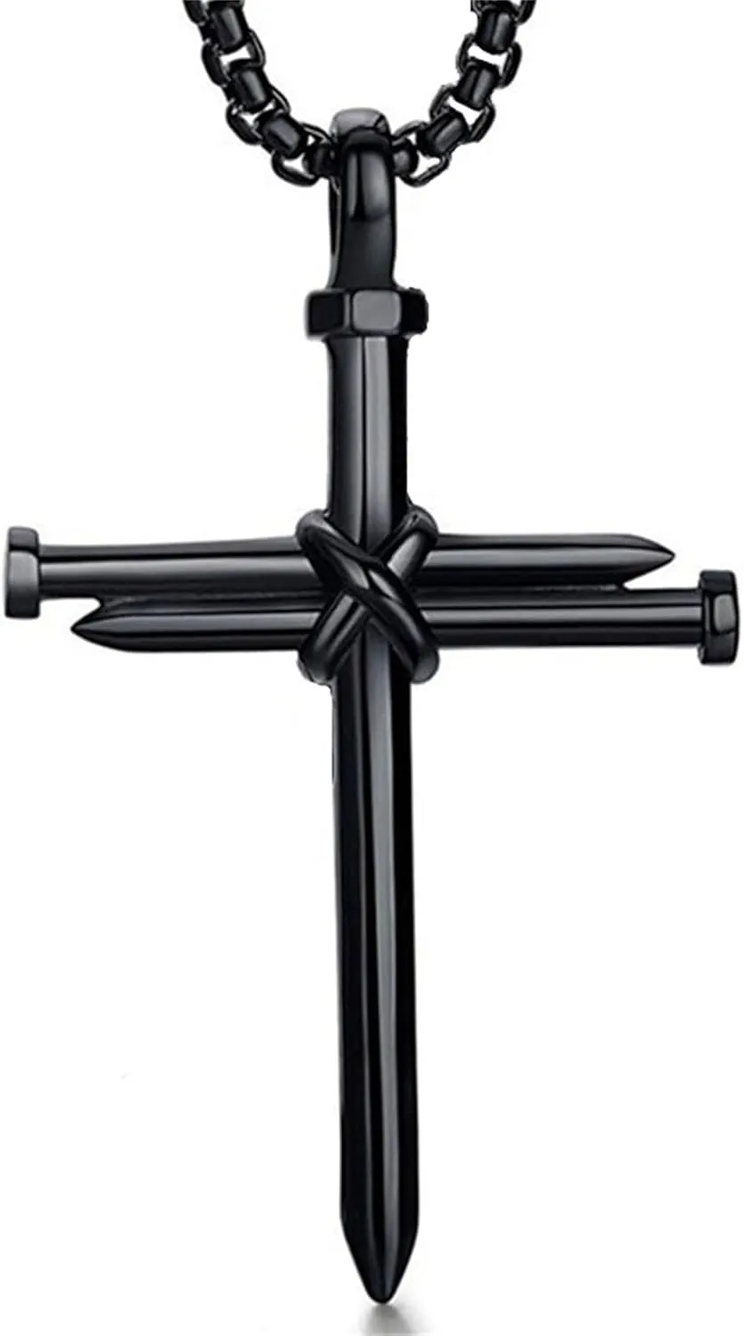 Dreuyet Nail Cross Necklace for Men Stainless Steel Vintage Polished Black Gold Silver Nail Cross Pendant Chain 24 inch Strength Bible Verse Cross Necklace Christian Jesus Jewelry Gifts