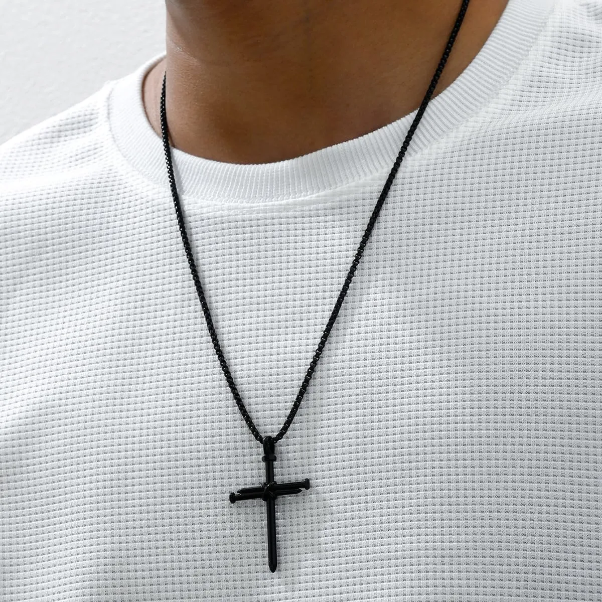 Dreuyet Nail Cross Necklace for Men Stainless Steel Vintage Polished Black Gold Silver Nail Cross Pendant Chain 24 inch Strength Bible Verse Cross Necklace Christian Jesus Jewelry Gifts