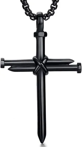 Dreuyet Nail Cross Necklace for Men Stainless Steel Vintage Polished Black Gold Silver Nail Cross Pendant Chain 24 inch Strength Bible Verse Cross Necklace Christian Jesus Jewelry Gifts