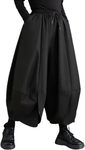 ellazhu Women's Puffy Drawstring Elastic Waist Drop Crotch Hakama Harem Wide Leg Pants GZ81 A