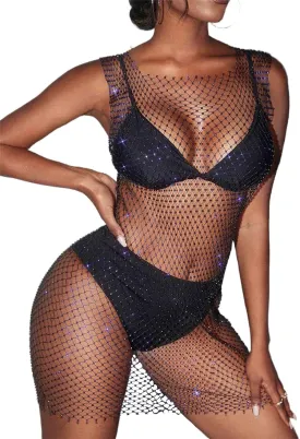 Formery Sexy Mesh Swimsuit Cover Ups Sheer Rhinestone Beach Sleeveless Coverups Fishnet Hollow Out Dress Body Chains