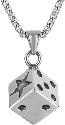 HZMAN Men's Dice Necklace, Stainless Steel Gothic Bar Pendant, Lucky Jewelry 22 2 Inch Box Chain (Silver)