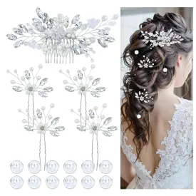 inSowni 17 Pieces Silver Metal Crystal Rhinestone Pearl Bridal Wedding Hair Side Combs Slides U-shaped Flower Hair Pins Pearl Twist Spiral Pearl Hairpins for Brides Bridesmaids Women Girls