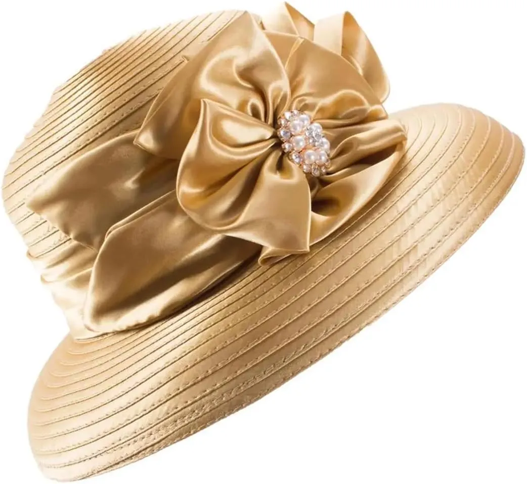 JNKIHAPOT Womens Crystal Satin Ribbon Dressy Church Bridal Hat Fedoras