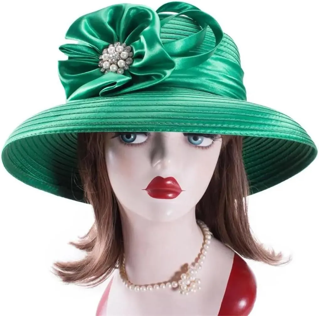 JNKIHAPOT Womens Crystal Satin Ribbon Dressy Church Bridal Hat Fedoras