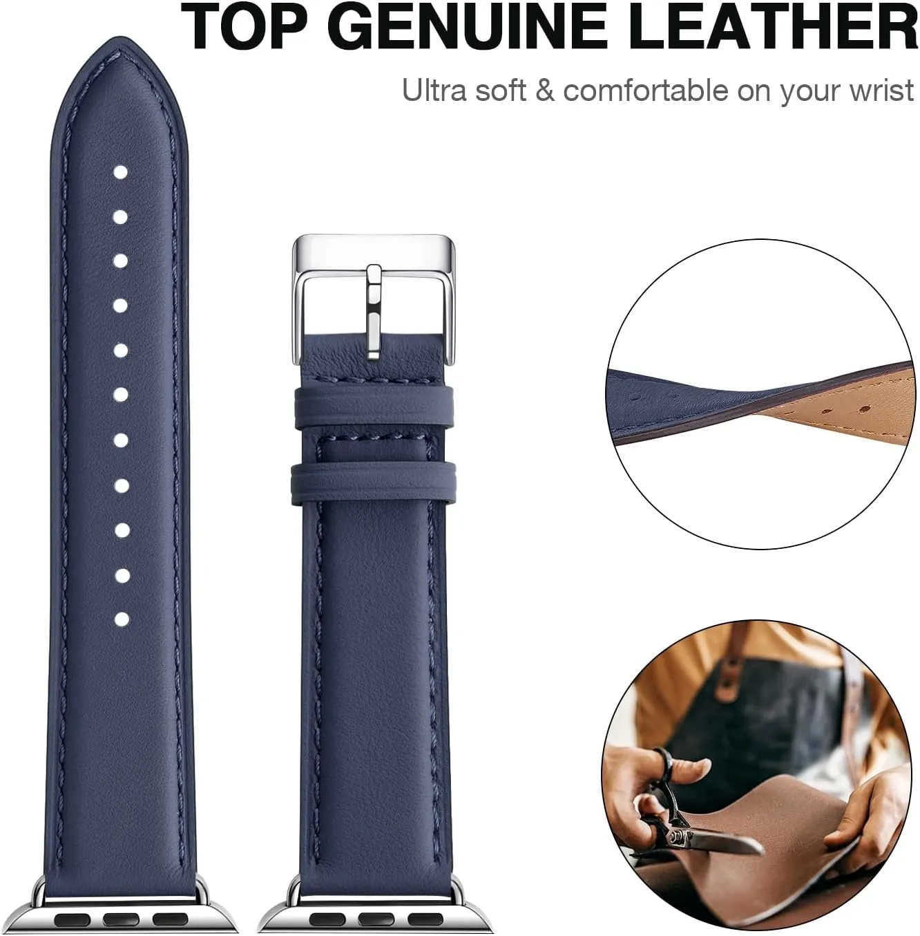 Leather Bands Compatible with Apple Watch Band 38mm 40mm 41mm 42mm 44mm 45mm 46mm 49mm, Genuine Leather Wristband Starp for iWatch SE Series 10 9 8 7 6 5 4 3 2 1 Ultra for Women Men