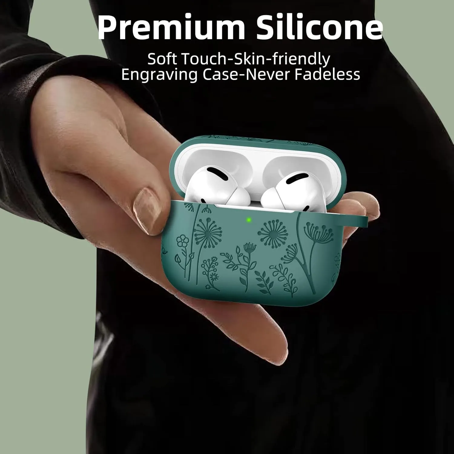 Lerobo Flower Engraved Case for AirPods Pro Case 2nd 1st Generation Case Cover,Cute Soft Silicone Skin Full Protective Cover for Airpod Pro Case PineGreen