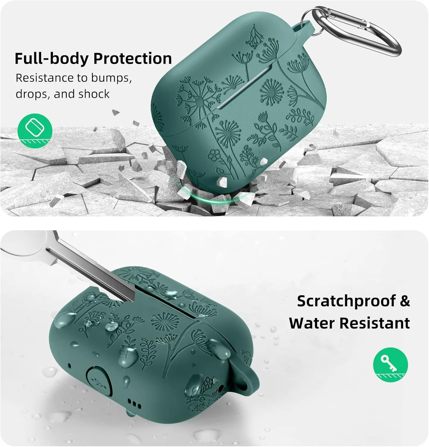 Lerobo Flower Engraved Case for AirPods Pro Case 2nd 1st Generation Case Cover,Cute Soft Silicone Skin Full Protective Cover for Airpod Pro Case PineGreen