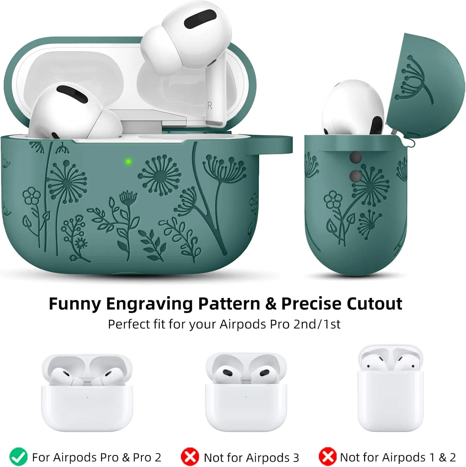 Lerobo Flower Engraved Case for AirPods Pro Case 2nd 1st Generation Case Cover,Cute Soft Silicone Skin Full Protective Cover for Airpod Pro Case PineGreen