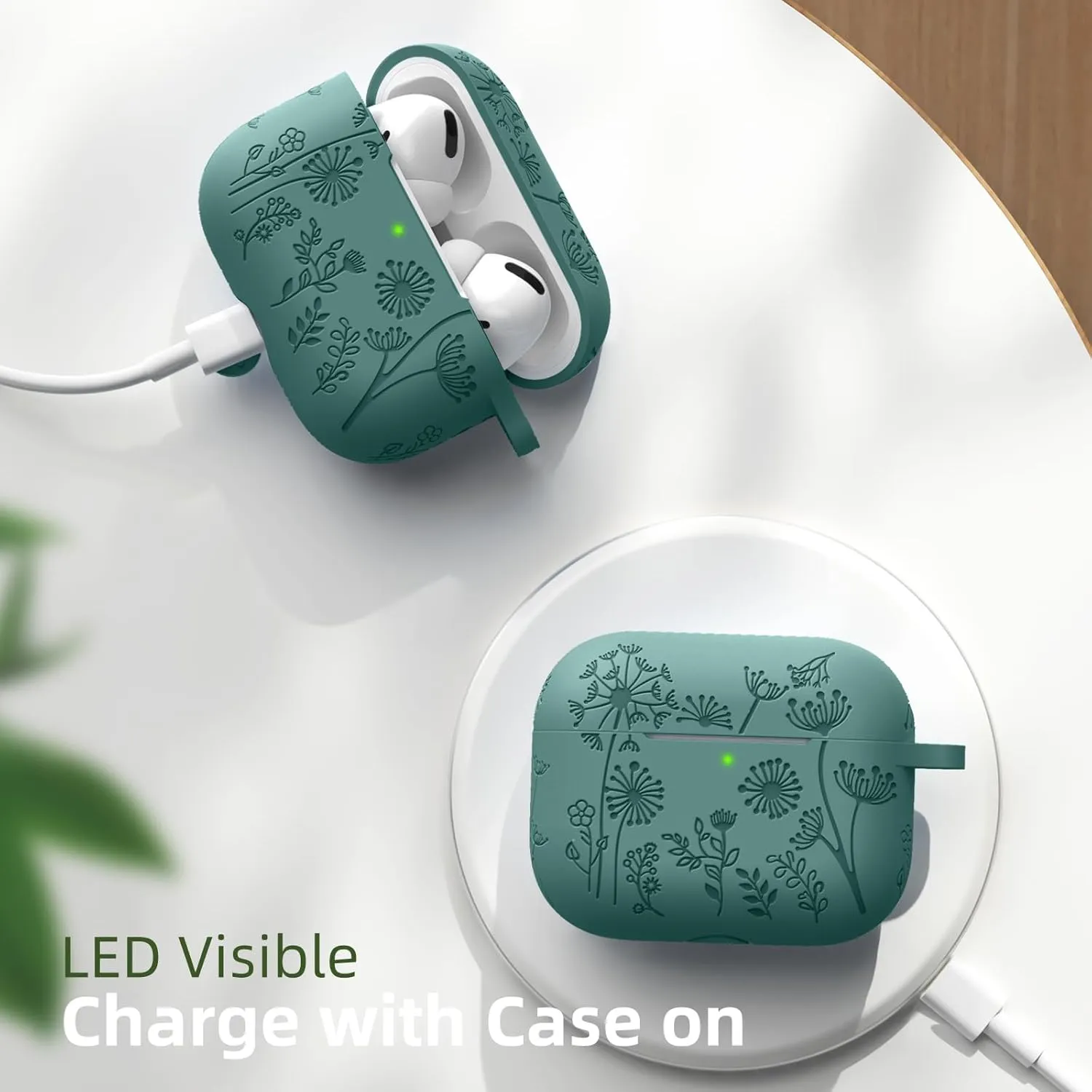 Lerobo Flower Engraved Case for AirPods Pro Case 2nd 1st Generation Case Cover,Cute Soft Silicone Skin Full Protective Cover for Airpod Pro Case PineGreen