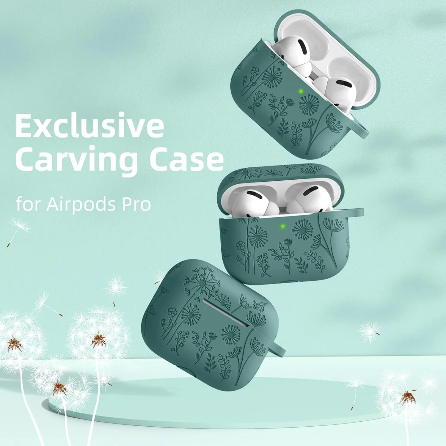 Lerobo Flower Engraved Case for AirPods Pro Case 2nd 1st Generation Case Cover,Cute Soft Silicone Skin Full Protective Cover for Airpod Pro Case PineGreen