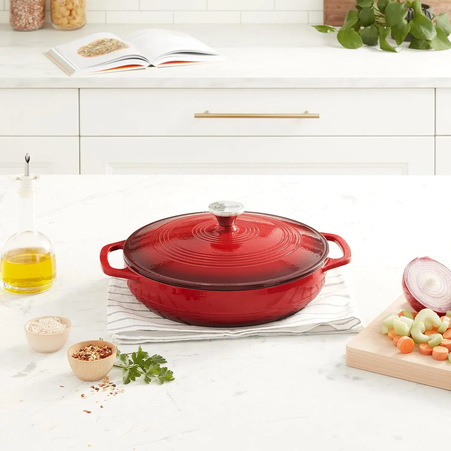 Lodge 3.6 Quart Enameled Cast Iron Oval Casserole With Lid Dual Handles  Oven Safe up to 500 F or on Stovetop - Use to Marinate, Cook, Bake, Refrigerate and Serve  Island Spice Red