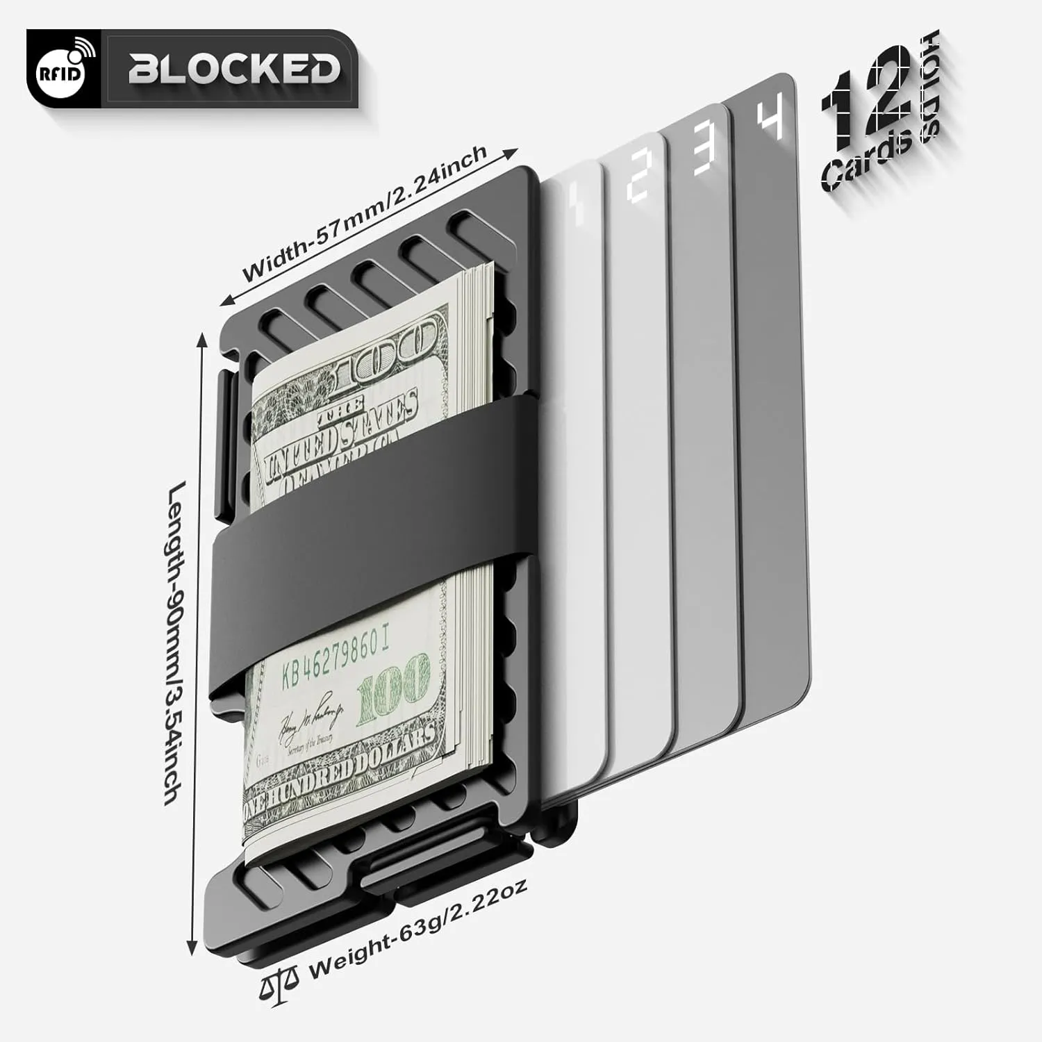 Mens Wallet with Airtag Holder(Not Included Air Tag), Slim Rfid Blocking Metal Wallets with Money Strap, Minimalist Front Pocket Aluminum Card Holder, Black, LKA-01