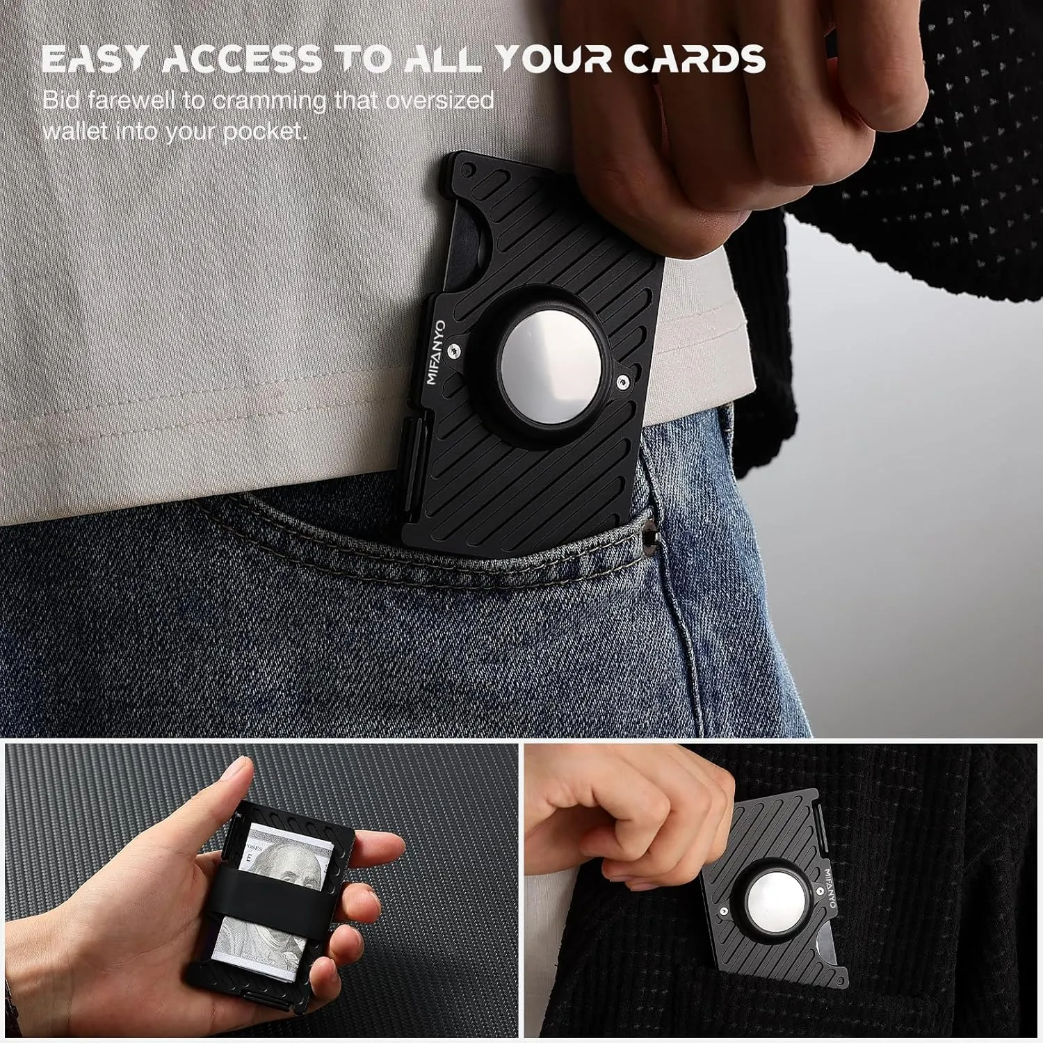 Mens Wallet with Airtag Holder(Not Included Air Tag), Slim Rfid Blocking Metal Wallets with Money Strap, Minimalist Front Pocket Aluminum Card Holder, Black, LKA-01