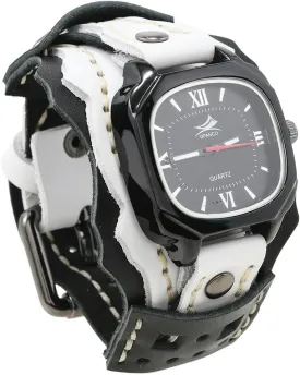 MINILUJIA Handmade Men Watches with Wax Rope Sewn Vintage Punk Hip-Hop Gothic Wide Genuine Soft Leather Cool Cuff Wristwatch Personalized Watch Square Black Dial